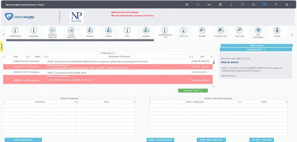 Écran de LinkedSecurity : suivi des rondes et des événements du poste de sécurité.